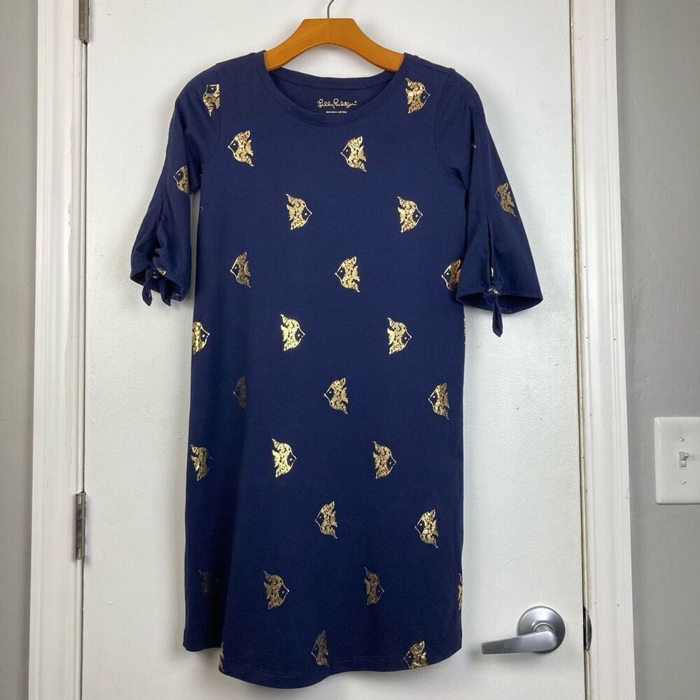 Lilly Pulitzer Preston Dress Gold Fish Foil Print Navy Blue 100% Pima Cotton XS‎